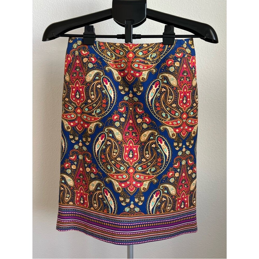 Merona Boho Paisley Preppy Pencil Skirt Blue Red Stretch Lined‎ Sz 2 Work Office
